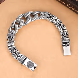 New Silver Jewelry Men&apos;s Bracelet Personality Domineering Six-character Mantra Peace Pattern Chinese Style Retro Chain - as the picture, 22cm