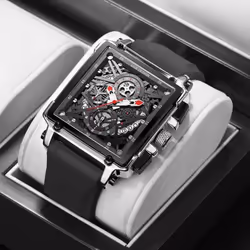 Hollow Square Mens Watches Chronograph LIGE Brand Luxury Automatic Date Men Watch Waterproof Male Wristwatches - Silver Black