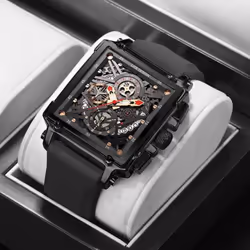 Hollow Square Mens Watches Chronograph LIGE Brand Luxury Automatic Date Men Watch Waterproof Male Wristwatches - Black
