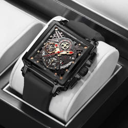 Hollow Square Mens Watches Chronograph LIGE Brand Luxury Automatic Date Men Watch Waterproof Male Wristwatches - Black