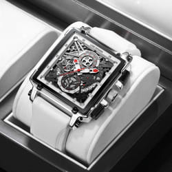 Hollow Square Mens Watches Chronograph LIGE Brand Luxury Automatic Date Men Watch Waterproof Male Wristwatches - Silver White