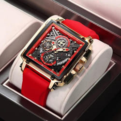 Hollow Square Mens Watches Chronograph LIGE Brand Luxury Automatic Date Men Watch Waterproof Male Wristwatches - Gold Red