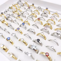 50pcs Stainless Steel Rings For Men Women Silver Gold Zircon Wedding Bands Jewelry