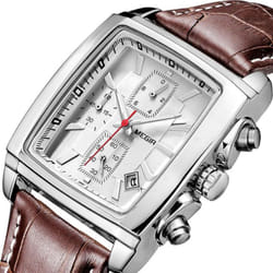 MEGIR Men&apos;s Business Analog Chronograph Luminous Rectangle Quartz Watch with Stylish Leather Strap for Sport & Work 2028 - White