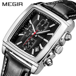 MEGIR Men&apos;s Business Analog Chronograph Luminous Rectangle Quartz Watch with Stylish Leather Strap for Sport & Work 2028 - Black