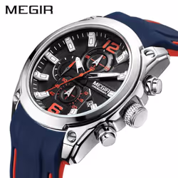MEGIR Men&apos;s Analogue Sport Chronograph Luminous Quartz Watch with Fashion Silicone Strap 2063 - Blue