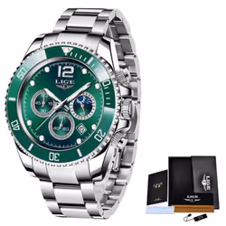 LIGE Mens Watches Top Brand Luxury Clock Casual Stainless Steel 24 Hour Moon Phase Men Watch Sport Waterproof Quartz Chronog ...