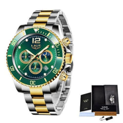 LIGE  Mens Watches Top Brand Luxury Clock Casual Stainless Steel 24 Hour Moon Phase Men Watch Sport Waterproof Quartz Chronograph - Gold Green
