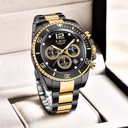 LIGE  Mens Watches Top Brand Luxury Clock Casual Stainless Steel 24 Hour Moon Phase Men Watch Sport Waterproof Quartz Chronograph - Gold Green