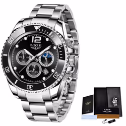 LIGE Mens Watches Top Brand Luxury Clock Casual Stainless Steel 24 Hour Moon Phase Men Watch Sport Waterproof Quartz Chronog ...