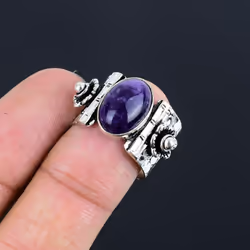 Natural Amethyst Gemstone Silver Ring | 925 Sterling Sliver | Antique Silver Jewelry | Handmade Vintage Silver Rings For Women & Girls - 8.5