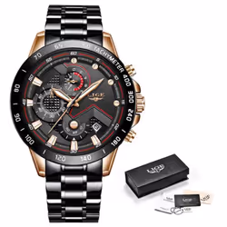 Lige Luxury Fashion Sports Chronograph Quartz Men Watch - Gold Black