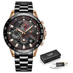 Lige Luxury Fashion Sports Chronograph Quartz Men Watch - Gold Black