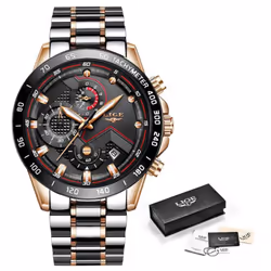 Lige Luxury Fashion Sports Chronograph Quartz Men Watch - Rose Gold Black