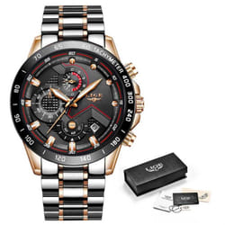 Lige Luxury Fashion Sports Chronograph Quartz Men Watch - Rose Gold Black