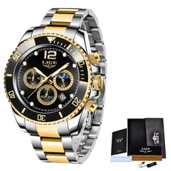 LIGE  Mens Watches Top Brand Luxury Clock Casual Stainless Steel 24 Hour Moon Phase Men Watch Sport Waterproof Quartz Chronograph - Gold Black
