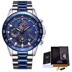 Lige Luxury Fashion Sports Chronograph Quartz Men Watch - Silver Blue