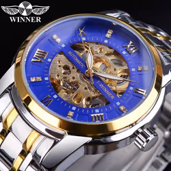 Winner Golden Black Diamond Dial Skeleton Stainless Steel Waterproof Luminous Hand Rome Number Men Automatic Mechanical Watch ...