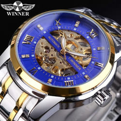 Winner Golden Black Diamond Dial Skeleton Stainless Steel Waterproof Luminous Hand Rome Number Men Automatic Mechanical Watch - blue