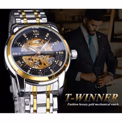 Winner Golden Black Diamond Dial Skeleton Stainless Steel Waterproof Luminous Hand Rome Number Men Automatic Mechanical Watch - blue
