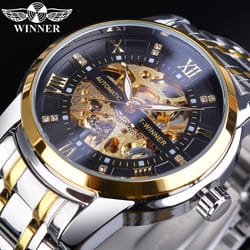 Winner Golden Black Diamond Dial Skeleton Stainless Steel Waterproof Luminous Hand Rome Number Men Automatic Mechanical Watch - gold