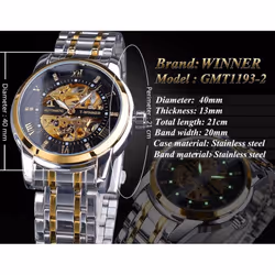 Winner Golden Black Diamond Dial Skeleton Stainless Steel Waterproof Luminous Hand Rome Number Men Automatic Mechanical Watch - gold