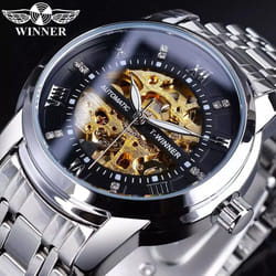 Winner Golden Black Diamond Dial Skeleton Stainless Steel Waterproof Luminous Hand Rome Number Men Automatic Mechanical Watch - ivory