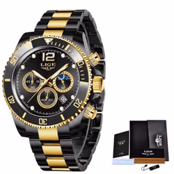 LIGE Mens Watches Top Brand Luxury Clock Casual Stainless Steel 24 Hour Moon Phase Men Watch Sport Waterproof Quartz Chronog ...