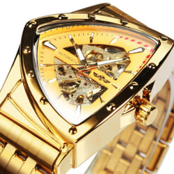 Winner Triangle Skeleton Gold Black Watch For Men Automatic Mechanical Wristwatch Irregular Luxury Stainless Steel Strap - gold