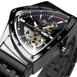 Winner Triangle Skeleton Gold Black Watch For Men Automatic Mechanical Wristwatch Irregular Luxury Stainless Steel Strap - black
