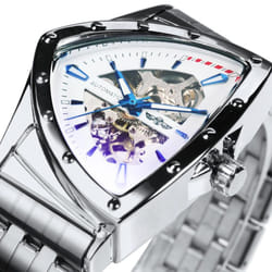 Winner Triangle Skeleton Gold Black Watch For Men Automatic Mechanical Wristwatch Irregular Luxury Stainless Steel Strap - white
