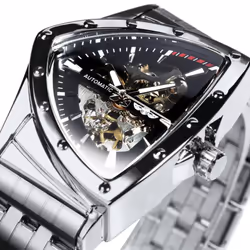 Winner Triangle Skeleton Gold Black Watch For Men Automatic Mechanical Wristwatch Irregular Luxury Stainless Steel Strap - wh ...