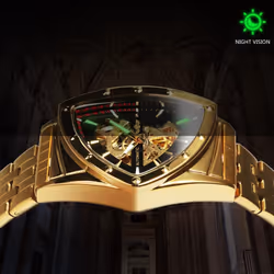 Winner Triangle Skeleton Gold Black Watch For Men Automatic Mechanical Wristwatch Irregular Luxury Stainless Steel Strap - white,black