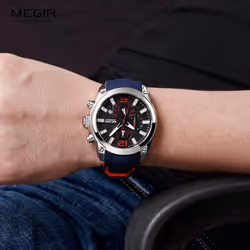Megir Men&apos;s Chronograph Analog Quartz Watch With Date, Luminous Hands, Waterproof Silicone Rubber Strap Wristswatch For Man 2063 - blue