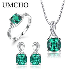 Umcho Gemstone Emerald Ring Pendant Stud Earrings 925 Sterling Silver Jewelry Set - emerald, 8