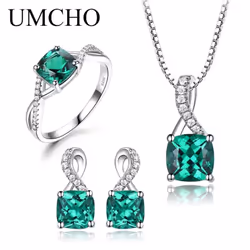 Umcho Gemstone Emerald Ring Pendant Stud Earrings 925 Sterling Silver Jewelry Set - emerald, 7