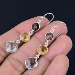 Green Amethyst, Smoky Quartz Gemstone Earrings Solid 925 Sterling Silver Handmade Earrings Jewelry Gift For Women And Girls E-2156