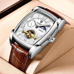 Lige Original Men Watch Fashion Casual Leather Strap Automatic Mechanical Watch Luminous Waterproof Chronograph - silver,white