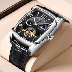Lige Original Men Watch Fashion Casual Leather Strap Automatic Mechanical Watch Luminous Waterproof Chronograph - silver,black