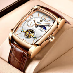 Lige Original Men Watch Fashion Casual Leather Strap Automatic Mechanical Watch Luminous Waterproof Chronograph - rose gold,white