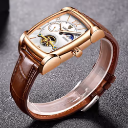 Lige Original Men Watch Fashion Casual Leather Strap Automatic Mechanical Watch Luminous Waterproof Chronograph - rose gold,white