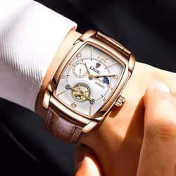 Lige Original Men Watch Fashion Casual Leather Strap Automatic Mechanical Watch Luminous Waterproof Chronograph - rose gold,white