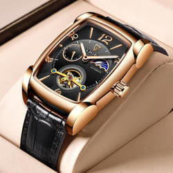 Lige Original Men Watch Fashion Casual Leather Strap Automatic Mechanical Watch Luminous Waterproof Chronograph - rose gold,black