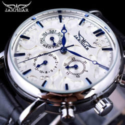 Jaragar Brand Men Automatic Self Wind Mechanical Watch White 3 Dials Calendar Blue Hands Simple Business Leather Band Wristwatch - blue