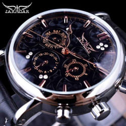 Jaragar Brand Men Automatic Self Wind Mechanical Watch White 3 Dials Calendar Blue Hands Simple Business Leather Band Wristwatch - black,gold
