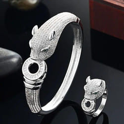 Zlxgirl Jewelry Jet Cubic Zircon Leopard Animal Bridal Bangle Jewelry Europe Design Copper Bracelet Women&apos;s Size Bracelet&bangle - silver ring 7