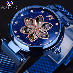 Forsining Fashion Starry Petal Mechanical Watch Female Elegant Automatic Watch Brand Wrist Watch - blue