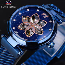 Forsining Fashion Starry Petal Mechanical Watch Female Elegant Automatic Watch Brand Wrist Watch - blue
