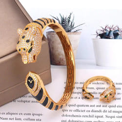 Zlxgirl Jewelry Jet Cubic Zircon Leopard Animal Bridal Bangle Jewelry Europe Design Copper Bracelet Women&apos;s Size Bracelet&bangl - 005 gold ring 9