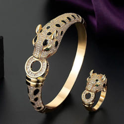 Zlxgirl Jewelry Jet Cubic Zircon Leopard Animal Bridal Bangle Jewelry Europe Design Copper Bracelet Women&apos;s Size Bracelet&bangl - 003 gold ring 9